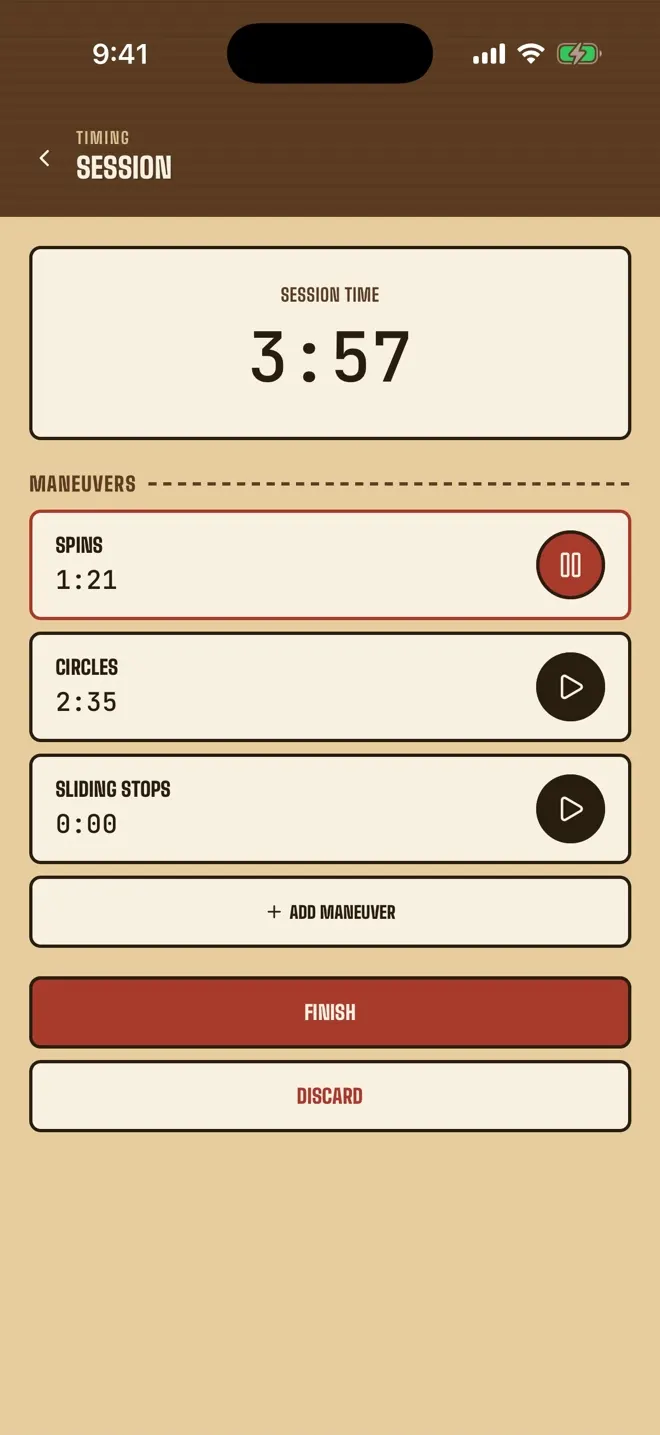 A live session mid-ride: the session clock running, spins being timed, circles done